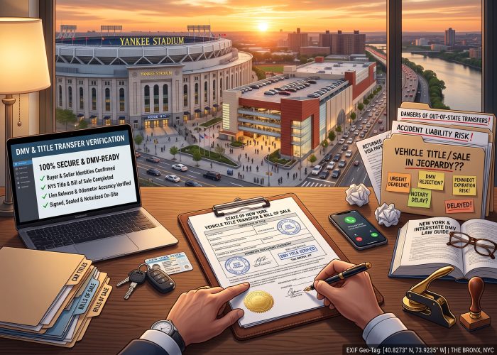 A close, 3/4-angled, desk-level view of a "Vehicle Title Transfer & Bill of Sale Notarization" session on a dark oak table in the Bronx at sunset, looking through a large window at the iconic Yankee Stadium and the Bronx Terminal Market with evening traffic under a dramatic, golden-orange sunset sky. On the center-right of the desk, an open "STATE OF NEW YORK" / "VEHICLE TITLE TRANSFER & BILL OF SALE" document rests on a leather portfolio, showing circular NY notary stamps and a gold foil seal. A buyer's hand is actively signing the transfer with a fountain pen, guided and pointed to by Sealing Time Mobile Notaries / Notary Apostille Agents' mobile notary's hand wearing a "MOBILE NOTARY" ID badge on a blue lanyard. A set of car keys and a NYS driver's license sit nearby on the desk pad. On the left, an open laptop displays a "DMV & TITLE TRANSFER VERIFICATION" dashboard with green checkmarks under "100% DMV COMPLIANT & LIABILITY SECURED", next to folders labeled "CAR TITLES" and "BILLS OF SALE". On the right, a cascading pile of files includes "DANGERS OF OUT-OF-STATE TRANSFERS!" and "ACCIDENT LIABILITY RISK!" covered in sticky notes: "URGENT DEADLINE!", "DMV REJECTION?", "PENNDOT REQUIRED!", and "DELAYED!". Next to it sits crumpled paper and an open "NEW YORK & INTERSTATE DMV LAW GUIDE" book. On the front-right edge, a metallic gold-and-black embosser and a wooden-handled notary stamp sit on the desk. The bottom-right corner displays a digital "EXIF Geo-Tag: THE BRONX, NYC" overlay.