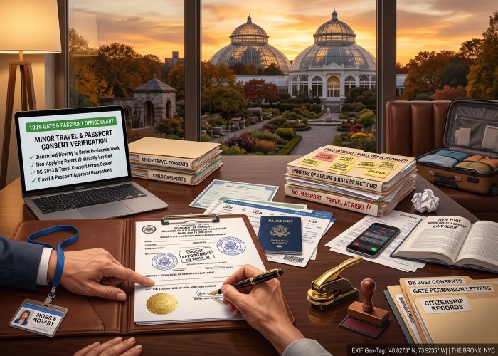 A close, 3/4-angled view of an urgent "Minor Travel Consent & Passport Form DS-3053 Notarization" session at a dark wood dining table inside a Bronx, NY home at sunset, looking through a large window at the New York Botanical Garden, including the majestic Enid A. Haupt Conservatory with its iconic glass dome, surrounded by dense autumn trees and historic stone structures under a dramatic golden-orange sunset. On a leather portfolio binder rests an open "U.S. DEPARTMENT OF STATE" / "STATEMENT OF CONSENT: ISSUANCE OF A U.S. PASSPORT TO A MINOR" (DS-3053) document, showing "MINOR'S U.S. PASSPORT APPLICATION CONSENT", circular New York notary public stamps, signature blocks, and a gold foil seal. A non-applying parent’s hand is actively signing the Form DS-3053 Section 4 signature line with a fountain pen, guided and pointed to by Sealing Time Mobile Notaries / Notary Apostille Agents' mobile notary's hand wearing a "MOBILE NOTARY" ID badge on a blue lanyard, with no mask or second hand on top. A blue U.S. Passport, child's birth certificate scans, and flight itineraries for JFK and LGA sit nearby on the table. In the background on the far right, an open, packed suitcase is visible. On the far left, an open laptop displays a "MINOR TRAVEL & PASSPORT CONSENT VERIFICATION" dashboard with green checkmarks under "100% GATE & PASSPORT OFFICE READY," next to stacks of folders labeled "MINOR TRAVEL CONSENTS" and "CHILD PASSPORTS". On the right, a cascading pile of files includes "DANGERS OF AIRLINE & GATE REJECTIONS!" and "NO PASSPORT - TRAVEL AT RISK!" alongside a "CHILD PASSPORT / FAMILY TRIP IN JEOPARDY??" folder covered in sticky notes: "URGENT DEADLINE!", "NOTARY DELAY?", "EXPIRING TONIGHT!", "JFK/LGA GATE DENIAL RISK!", "FORM DS-3053 REQUIRED!", and "DELAYED!". Nearby is a smartphone with missed call screens, crumpled paper, and an open "NEW YORK MINOR TRAVEL & CONSENT LAW GUIDE" book. On the front-right edge, specialized folders for "DS-3053 CONSENTS", "GATE PERMISSION LETTERS", and "CITIZENSHIP RECORDS" sit next to a heavy gold-and-black embosser, a wooden notary stamp, and stamp pads, with a digital "EXIF Geo-Tag: THE BRONX, NYC" on the bottom right.