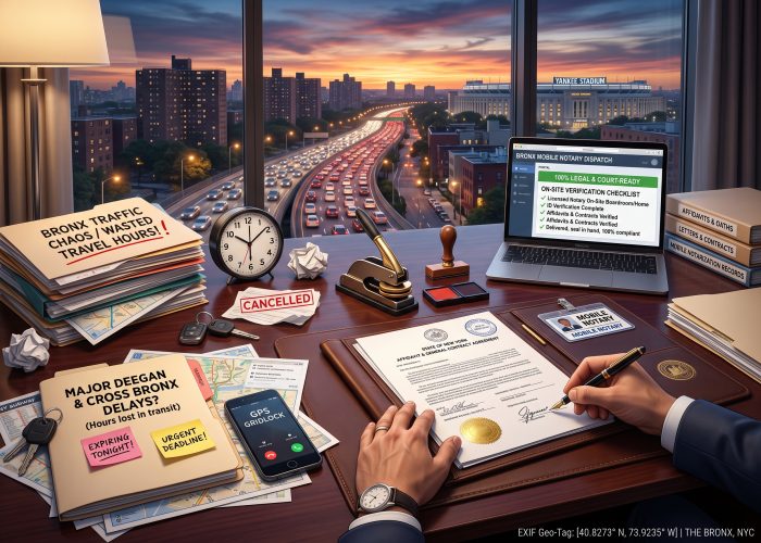 A close 3/4-angled, desk-level view of a mobile notarization in a Bronx NYC room at dusk, looking through large windows at gridlocked traffic on the Major Deegan Expressway, apartment buildings, and the illuminated Yankee Stadium at 161st St. In the foreground, an "AFFIDAVIT & GENERAL CONTRACT AGREEMENT" rests on a leather portfolio binder with hand-inked signatures, circular NY notary stamps, a gold foil seal, and a mobile dispatch stamp, being signed with a fountain pen by an executive, guided by a notary from Sealing Time Mobile Notaries / Notary Apostille Agents with a visible "MOBILE NOTARY" ID badge on the table. Nearby rests a gold and black embosser, a wooden stamp, and forensic pads. The left side is cluttered with stressful transit files: "BRONX TRAFFIC CHAOS / WASTED TRAVEL HOURS!", "MAJOR DEEGAN & CROSS BRONX DELAYS? (Hours lost in transit)", "EXPIRING TONIGHT!" and "URGENT DEADLINE!" sticky notes, maps, subway diagrams, an analog clock ticking past 6:15 PM, car keys, a crumpled "CANCELLED" paper, and a smartphone showing a "GPS GRIDLOCK" screen. On the right, an open laptop displays a "BRONX MOBILE NOTARY DISPATCH" portal checklist next to stack folders for "AFFIDAVITS & OATHS", "LETTERS & CONTRACTS", and "MOBILE NOTARIZATION RECORDS", with a digital "EXIF Geo-Tag: THE BRONX, NYC" on the bottom right.