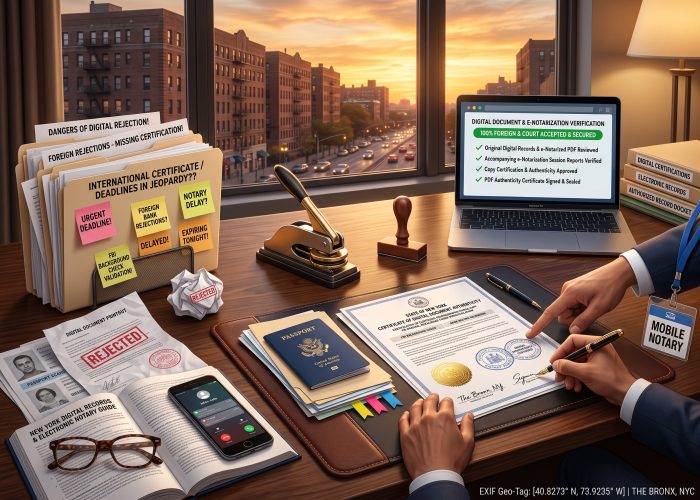 A close, 3/4-angled, desk-level view of an urgent "Digital Document Authenticity Certification" session on a dark oak desk in a Bronx, NY home office at sunset, looking through a large window at the Grand Concourse’s historic brick apartment facades and busy evening traffic under a dramatic, golden-orange sunset sky. On the center-right, an applicant’s hand actively signs a "STATE OF NEW YORK" / "CERTIFICATE OF DIGITAL DOCUMENT AUTHENTICITY" document (showing sub-headers like "CERTIFICATION OF ELECTRONIC RECORD" and "FBI BACKGROUND CHECK / BANK RECORD VALIDATION") with a fountain pen, guided and pointed to by Sealing Time Mobile Notaries / Notary Apostille Agents' mobile notary’s hand wearing a "MOBILE NOTARY" ID badge on a blue lanyard, alongside a blue US Passport, transaction files, a pen, and colorful signature flags on a leather-bound desk pad. An open laptop on the right displays a "DIGITAL DOCUMENT & E-NOTARIZATION VERIFICATION" dashboard with green checkmarks under "100% FOREIGN & COURT ACCEPTED & SECURED", next to stacked folders labeled "DIGITAL CERTIFICATIONS", "ELECTRONIC RECORDS", and "AUTHORIZED RECORD DOCKET". On the left, a cascading pile of files includes "DANGERS OF DIGITAL REJECTION!" and "FOREIGN REJECTIONS - MISSING CERTIFICATION!" next to an "INTERNATIONAL CERTIFICATE / DEADLINES IN JEOPARDY??" folder covered in "URGENT DEADLINE!", "FOREIGN BANK REJECTIONS?", "NOTARY DELAY?", "EXPIRING TONIGHT!", "FBI BACKGROUND CHECK VALIDATION!", and "DELAYED!" sticky notes, next to a crumpled "REJECTED" digital document printout, passport scans, a smartphone with missed calls, and an open "NEW YORK DIGITAL RECORDS & ELECTRONIC NOTARY GUIDE" book with reading glasses. On the center-left edge, a heavy metallic gold-and-black embosser and a wooden-handled notary stamp sit on the desk. The bottom-right corner displays a digital "EXIF Geo-Tag: THE BRONX, NYC" overlay.