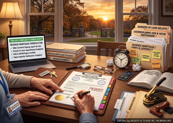 A close, 3/4-angled, desk-level view of a "Reverse Mortgage Document Notarization" session in a Bronx, NY dining room at sunset, looking through a large window at Pelham Bay Park's old-growth autumn foliage, walking paths, and historic stone gates under a warm, golden sunset sky. On the center-left of the dark oak table, an open "STATE OF NEW YORK" / "REVERSE MORTGAGE CLOSING PACKET & HUD-1" rests on a leather portfolio binder, showing hand-inked signatures, circular New York notary stamps, and a gold foil seal. An older adult's hand with soft, weathered skin actively signs on the borrower line with a fountain pen, guided and pointed to by Sealing Time Mobile Notaries / Notary Apostille Agents' mobile notary's hand wearing an "NNA-CERTIFIED MOBILE NOTARY" ID badge on a lanyard, alongside house keys with a "CONGRATS!" keychain, a magnifying glass, reading glasses, and colorful signature flags on the desk pad. On the far left, an open laptop displays a "REVERSE MORTGAGE VERIFICATION" screen with green checkmarks under "100% NYS COMPLIANT & LENDER-READY," next to folders labeled "REVERSE MORTGAGE PACKAGES" and "HECM DOCUMENTS". On the right, a cascading pile of files includes "DANGERS OF LOAN DELAYS!" and "OVERWHELMING HUD & HECM PAPERWORK!" next to a "REVERSE MORTGAGE / FUNDS IN JEOPARDY??" folder covered in "URGENT CLOSING DEADLINE!", "NOTARY DELAY?", "EXPIRING TONIGHT!", "2026 HECM RATES AT RISK!", and "DELAYED!" sticky notes, next to a ticking clock, crumpled paper, a smartphone, and an open "NEW YORK REAL PROPERTY LAW & REVERSE MORTGAGE GUIDE" book. On the front-right edge, specialized folders for "LOAN RECORDS DOCKET" and "BORROWER RECORDS" sit next to a heavy gold-and-black embosser, a wooden notary stamp, and forensic stamp pads. The bottom-right corner displays a digital "EXIF Geo-Tag: THE BRONX, NYC" overlay.