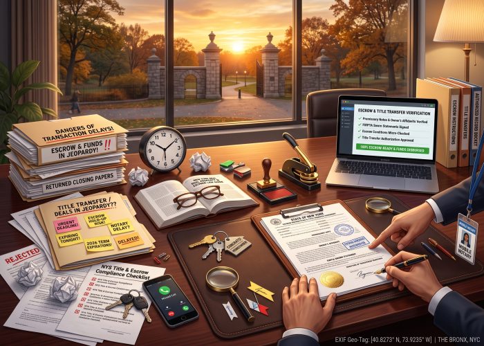 A close, 3/4-angled, desk-level view of an urgent "Escrow & Title Transfer Document Notarization" session in Sealing Time Mobile Notaries / Notary Apostille Agents' Bronx, NY real estate office at sunset, looking through a large window at Pelham Bay Park's historic stone gates and autumn foliage under a warm, golden sunset sky. On the center-right of the dark mahogany desk, an open "STATE OF NEW YORK" / "ESCROW INSTRUCTIONS & TITLE TRANSFER AGREEMENT" document (showing "PROMISSORY NOTE", "OWNER'S AFFIDAVIT", and "FIRPTA SWORN STATEMENT" text) rests on a leather portfolio binder, showing hand-inked signatures, circular New York notary stamps, and a gold foil seal. A buyer's hand is actively signing with a fountain pen on the signature line, guided and pointed to by a mobile notary's hand wearing a "MOBILE NOTARY" ID badge on a lanyard, alongside house keys with a "CONGRATS! HOMEOWNER" keychain, a magnifying glass, reading glasses, and colorful signature flags on the desk pad. On the far right, an open laptop displays an "ESCROW & TITLE TRANSFER VERIFICATION" screen with green checkmarks under "100% ESCROW-READY & FUNDS DISBURSED", next to stacks of folders labeled "ESCROW INSTRUCTIONS", "TITLE TRANSFERS", and "AUTHORIZED RECORD DOCKET". On the left, a cascading pile of files includes "DANGERS OF TRANSACTION DELAYS!" and "ESCROW & FUNDS IN JEOPARDY!!" next to a "TITLE TRANSFER / DEALS IN JEOPARDY??" folder covered in "URGENT DEADLINE!", "ESCROW HOLD-UP RISK!", "NOTARY DELAY?", "EXPIRING TONIGHT!", "2026 TERM EXPIRATIONS!", and "DELAYED!" sticky notes, next to a ticking clock, crumpled paper, a smartphone with a missed call, an "NYS Title & Escrow Compliance Checklist" with red crosses, car keys, and an open "NEW YORK REAL PROPERTY & ESCROW LAW GUIDE" book with eyeglasses. On the center-right edge, a heavy gold-and-black embosser, a wooden notary stamp, and forensic stamp pads sit on the desk. The bottom-right corner displays a digital "EXIF Geo-Tag: THE BRONX, NYC" overlay.