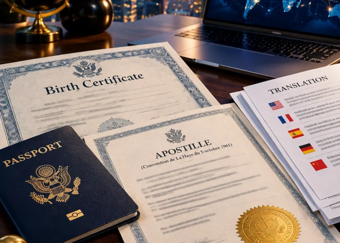 Full-Service International Apostille & Notary Public New York City | Sealing Time Mobile Notaries / Notary Apostille Agents An executive wooden desk featuring an official Apostille certificate with a gold seal, a U.S. Passport, a Birth Certificate, certified translation documents, and a gold brass notary stamp in front of a laptop displaying a global network map and a sunset New York City skyline view, representing top-tier notary public new york city and document authentication services by Sealing Time Mobile Notaries / Notary Apostille Agents.