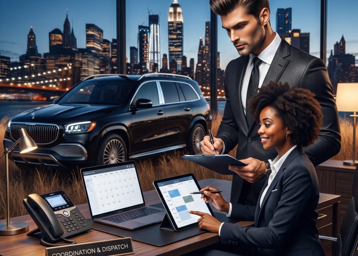 Sealing Time Mobile Notaries / Notary Apostille Agents Mobile Notary Services New York City – Dispatch & Coordination Team Rachel and Max coordinating rapid client dispatch for mobile notary services in New York City at an executive office desk overlooking the Manhattan skyline.