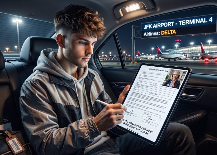 A Gen Z client e-signs in front of an online notary a document on his iPad using an Apple Pencil while in the backseat of an Uber approaching JFK Airport Terminal 4 in New York City. A picture-in-picture view of a live online notary witnesses the signing of a clearly legible 'AFFIDAVIT OF IDENTITY' document, provided by Sealing Time Mobile Notaries / Notary Apostille Agents' online notary service in New York City.