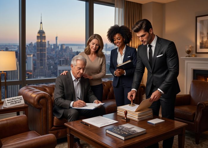 Sealing Time Mobile Notaries : Notary Apostille Agents Compassionate Mobile Notary for Estate Planning in New York City A senior man signs an estate plan (last will & testament/revocable trust/power of attorney/advance healthcare directive/HIPAA Authorizzation) in a Manhattan penthouse, with his daughter supporting him. Rachel, of Sealing Time Mobile Notaries / Notary Apostille Agents, holds a binder and Max, the mobile notary signing agent, stamps a finalized document. The Empire State Building and New York City skyline are visible through floor-to-ceiling windows at twilight.