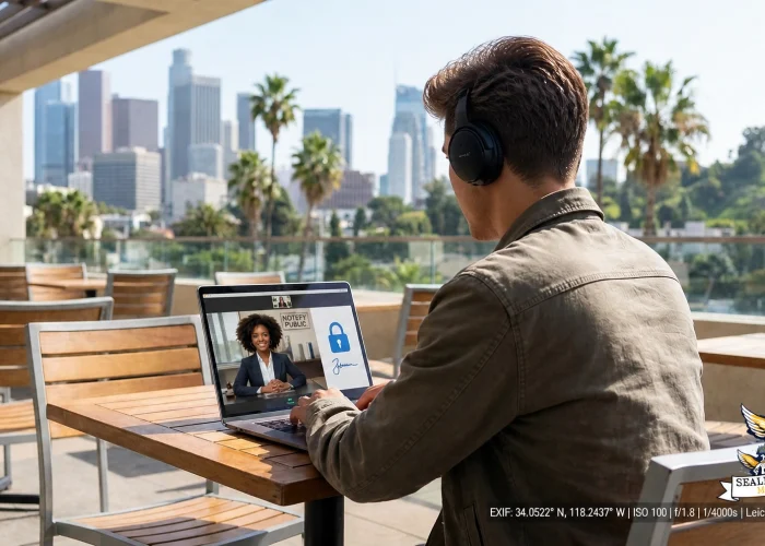 Sealing Time Mobile Notaries : Notary Apsotille Agents Convenient and Secure Remote Online Notarization with Rachel: Get Your Documents Notarized from Anywhere A man viewed from behind, wearing black headphones and a brown jacket, sits at an outdoor wooden table with a stunning city skyline in the background. He is looking at an open laptop. The laptop screen displays a secure video call session with a remote online notary public named Rachel of Sealing Time Mobile Notaries / Notary Apostille Agents and a clear digital signature area with a padlock icon. In the lower right corner, is Sealing Time Mobile Notaries / Notary Apostille Agents' logo with 3 angels and numbers, and embedded text showing EXIF data