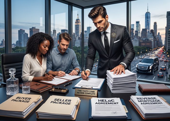 Sealing Time Mobile Notaries / Notary Apostille Agents’ Expert Notary Signing Agent in New York City: Your Key to a Meticulous and Efficient Real Estate Closing A Sealing Time Mobile Notaries / Notary Apostille Agents' certified notary signing agent in a dark, structured suit stands over a massive stack of papers in a high-rise office overlooking the New York City skyline at twilight. He guides a seated man and woman, both black and in business-casual attire, as they carefully sign multiple documents in their respective "Buyer Package" and "Seller Package" folders. Neat stacks of "HELoC Agreement" and "Reverse Mortgage Agreement" documents are arranged on the desk. A central sign reads "FINE-TOOTH COMB REVIEW: COMPLETE", and the notary’s lapel pin clearly says "CERTIFIED NOTARY SIGNING AGENT". Through the large window, traffic lights and a luxury SUV are visible on a busy NYC street.