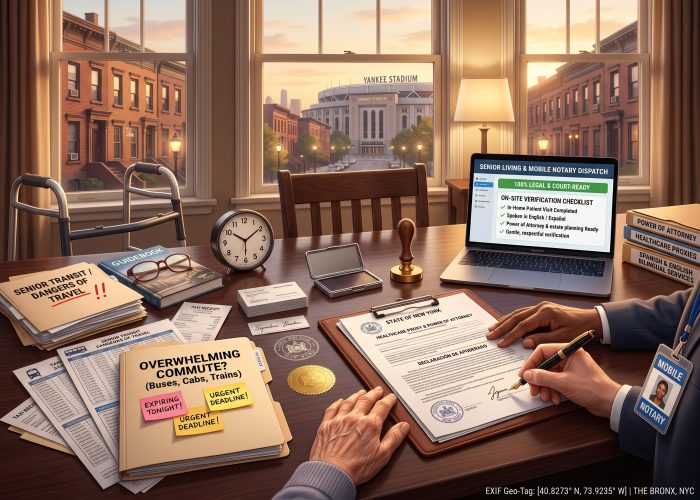 A close 3/4-angled view of an on-site notarization inside a warm Bronx senior apartment at dusk, looking through large windows at historic brownstones and the iconic Yankee Stadium. The foreground features finalized legal documents with the bold header "STATE OF NEW YORK" / "HEALTHCARE PROXY & POWER OF ATTORNEY" (and Spanish translation "DECLARACIÓN DE APODERADO") on a leather portfolio binder, showing hand-inked signatures, circular New York notary public stamps, and a gold foil seal, with a person's hand actively signing using a fountain pen guided by a mobile notary's hand, while an elderly family member’s hand rests peacefully nearby. A "MOBILE NOTARY" security ID badge from Sealing Time Mobile Notaries / Notary Apostille Agents sits on the table. On the left side of the desk, a walker is visible, alongside messy files highlighting the emotional pain of travel: "SENIOR TRANSIT / DANGERS OF TRAVEL!" and "OVERWHELMING COMMUTE? (Buses, Cabs, Trains)" with red handwritten exclamation marks, covered in yellow sticky notes saying "EXPIRING TONIGHT!" and "URGENT DEADLINE!" beside an analog desk clock, eyeglasses resting on a book, and taxi/transit receipts. On the right, an open MacBook laptop screen displays "SENIOR LIVING & MOBILE NOTARY DISPATCH" software with an "ON-SITE VERIFICATION CHECKLIST" showing "✓ In-Home Patient Visit Completed," "✓ Spoken in English / Español," "✓ Power of Attorney & estate planning Ready," and "✓ Gentle, respectful verification" under a green status banner "100% LEGAL & COURT-READY", next to a wooden-handled notary stamp and folders labeled "POWER OF ATTORNEY", "HEALTHCARE PROXIES", and "SPANISH & ENGLISH BILINGUAL SERVICES", with "EXIF Geo-Tag: THE BRONX, NYC" on the bottom right corner.