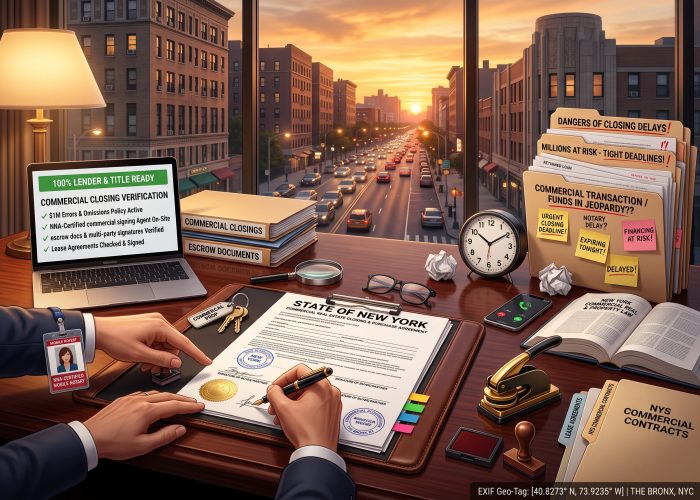 A close, 3/4-angled, desk-level view of an active "Commercial Real Estate Closing Notarization" session inside Sealing Time Mobile Notaries / Notary Apostille Agents' Bronx, NY corporate boardroom at sunset, looking through large windows at Grand Concourse with its historic apartment facades, busy evening traffic, streetlights, and art deco architectural details under a warm, golden sunset sky. On the center-left of the dark mahogany boardroom desk, an open "STATE OF NEW YORK" / "COMMERCIAL REAL ESTATE CLOSING & PURCHASE AGREEMENT" document (showing "MULTIMILLION-DOLLAR PROPERTY TRANSACTION" text) rests on a leather portfolio binder, showing hand-inked signatures, circular New York notary stamps, and a gold foil seal. An executive's hand is actively signing with a fountain pen on the buyer/partner signature line, while a professional mobile notary's hand, wearing an ID badge labeled "NNA CERTIFIED MOBILE NOTARY" on the pocket, points gently to guide the signing and is ready with an ink stamp. A set of keys with a "COMMERCIAL PROP" keychain, a magnifying glass, reading glasses, and colorful signature flags rest on the desk pad. On the far left, an open laptop displays a "COMMERCIAL CLOSING VERIFICATION" screen with green checkmarks under "100% LENDER & TITLE READY", alongside folders labeled "COMMERCIAL CLOSINGS" and "ESCROW DOCUMENTS". On the right, a cascading pile of files includes "DANGERS OF CLOSING DELAYS!" and "MILLIONS AT RISK - TIGHT DEADLINES!" next to a "COMMERCIAL TRANSACTION / FUNDS IN JEOPARDY??" folder covered in "URGENT CLOSING DEADLINE!", "NOTARY DELAY?", "EXPIRING TONIGHT!", "FINANCING AT RISK!", and "DELAYED!" sticky notes, next to a ticking clock, crumpled paper, a smartphone, and an open "NEW YORK COMMERCIAL REAL ESTATE & PROPERTY LAW" book. On the front-right edge, specialized folders for "LEASE AGREEMENTS" and "NYS COMMERCIAL CONTRACTS" sit next to a heavy gold-and-black embosser, a wooden notary stamp, and forensic stamp pads. The bottom-right corner displays a digital "EXIF Geo-Tag: THE BRONX, NYC" overlay.