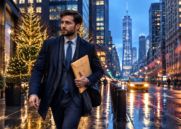A business-professional man in a navy overcoat, suit, and scarf walking confidently along a wet, reflective Manhattan sidewalk at dusk, carrying a messenger bag and tightly holding a large manila envelope. The background captures busy New York City street life, featuring illuminated holiday-decorated trees on the left, moving yellow taxis, streetlights, and American flags lining the historic buildings, with the towering One World Trade Center skyscraper piercing the twilight sky, highlighting urgent certified doc hand-deliveries from Sealing Time Mobile Notaries / Notary Apostille Agents an expert translation services new york city agency.